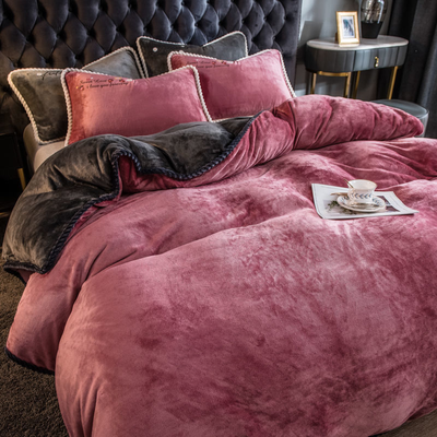 Elegant Amorgos fine velvet duvet cover set styled on bed for premium cozy bedroom interior design look